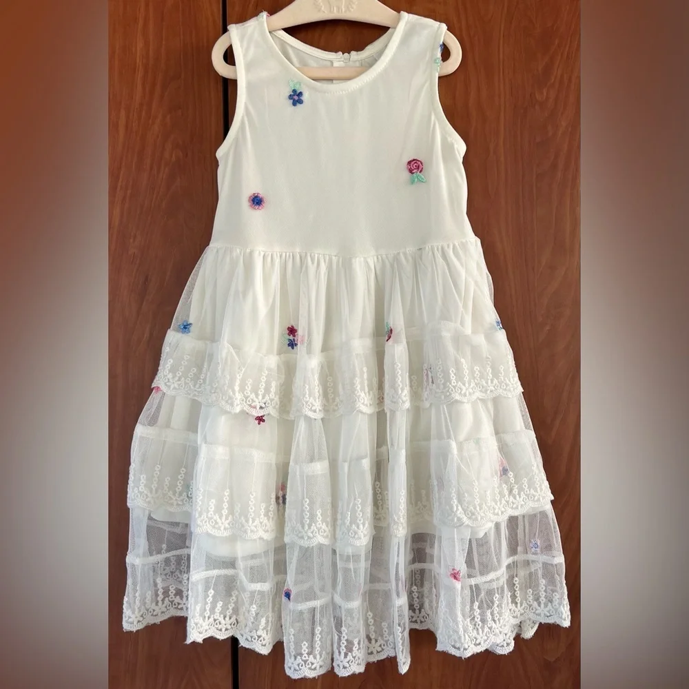 Rare Editions - Mesh Floral Embroidered dress w/lace trim and denim vest 2pc